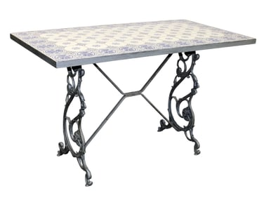 French garden table on iron base with blue & white tile top