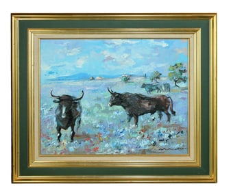 French oil on canvas pastoral landscape painting with bulls in field of flowers