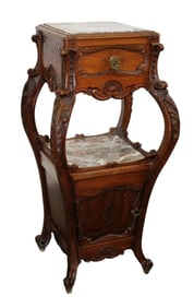 French Louis XV style carved walnut night stand with marble