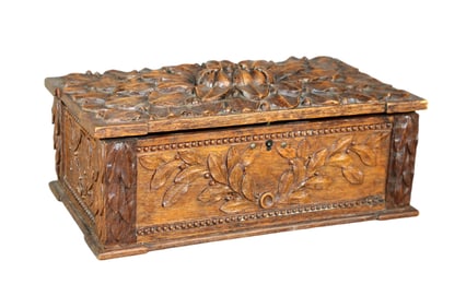 French petite dresser box in oak with relief carved flowers