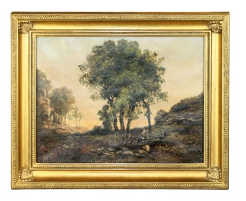 Continental oil on canvas painting landscape with trees