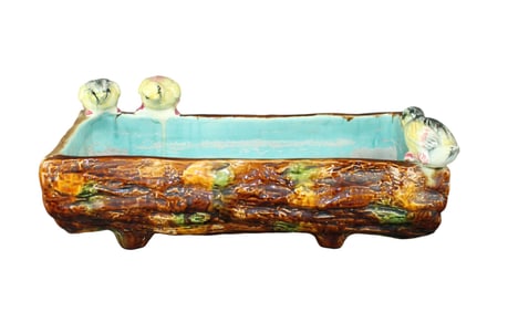 French Majolica log shaped jardiniere with birds