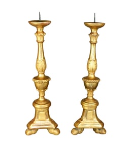 Pair of French parcel gilt pillar altar candle holders