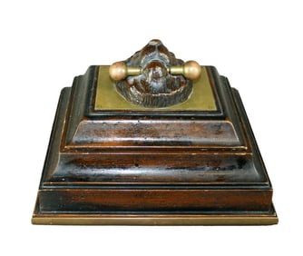 Brass banded dresser box with carved lion head