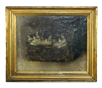 French oil on canvas painting - kittens in wicker basket