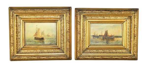 Pair of French miniature oil on board ship paintings