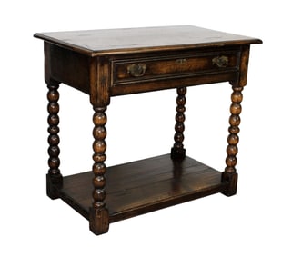 English bobbin leg side table in dark oak with single drawer