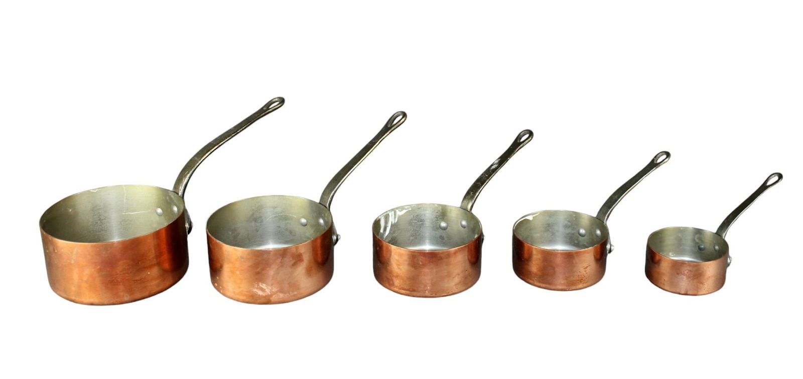 Set of 5 French copper sauce pans with iron handles (1 of 10)