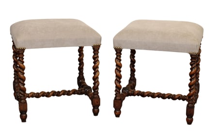 Pair of French foot stools on barley twist legs