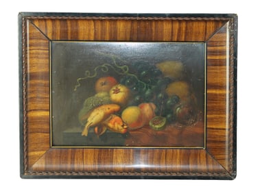 Oil on board painting still life with fruit and birds