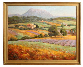 French Henri Pol oil on canvas painting landscape with lavender fields