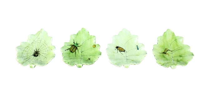 Lot of 4 French small porcelain leaf form bowls with insects