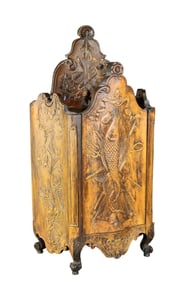 French Provincial fariniere (flour box) in walnut with carved fish