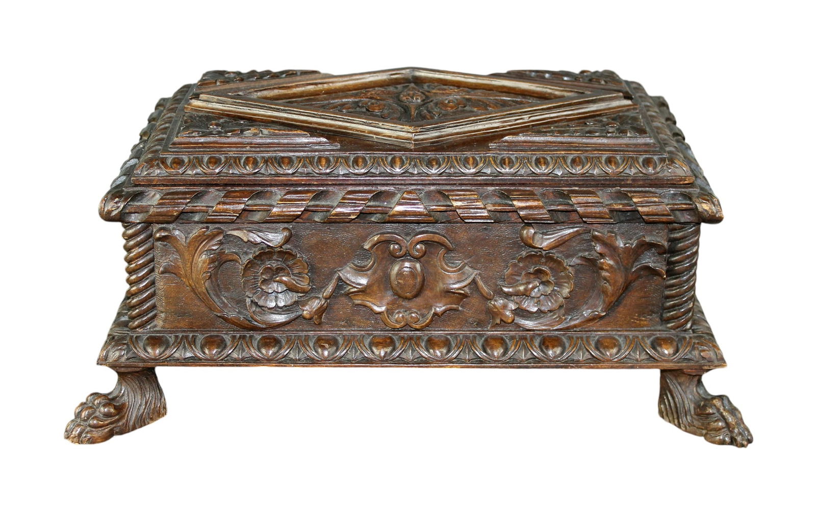 French relief carved walnut dresser box on paw feet (1 of 9)