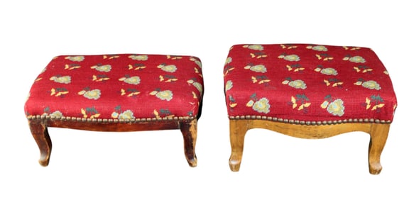 Lot of 2 French petite foot stools with red needlepoint