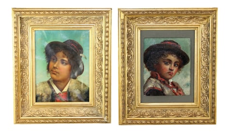 Pair of Italian oil on canvas paintings portraits of young boys