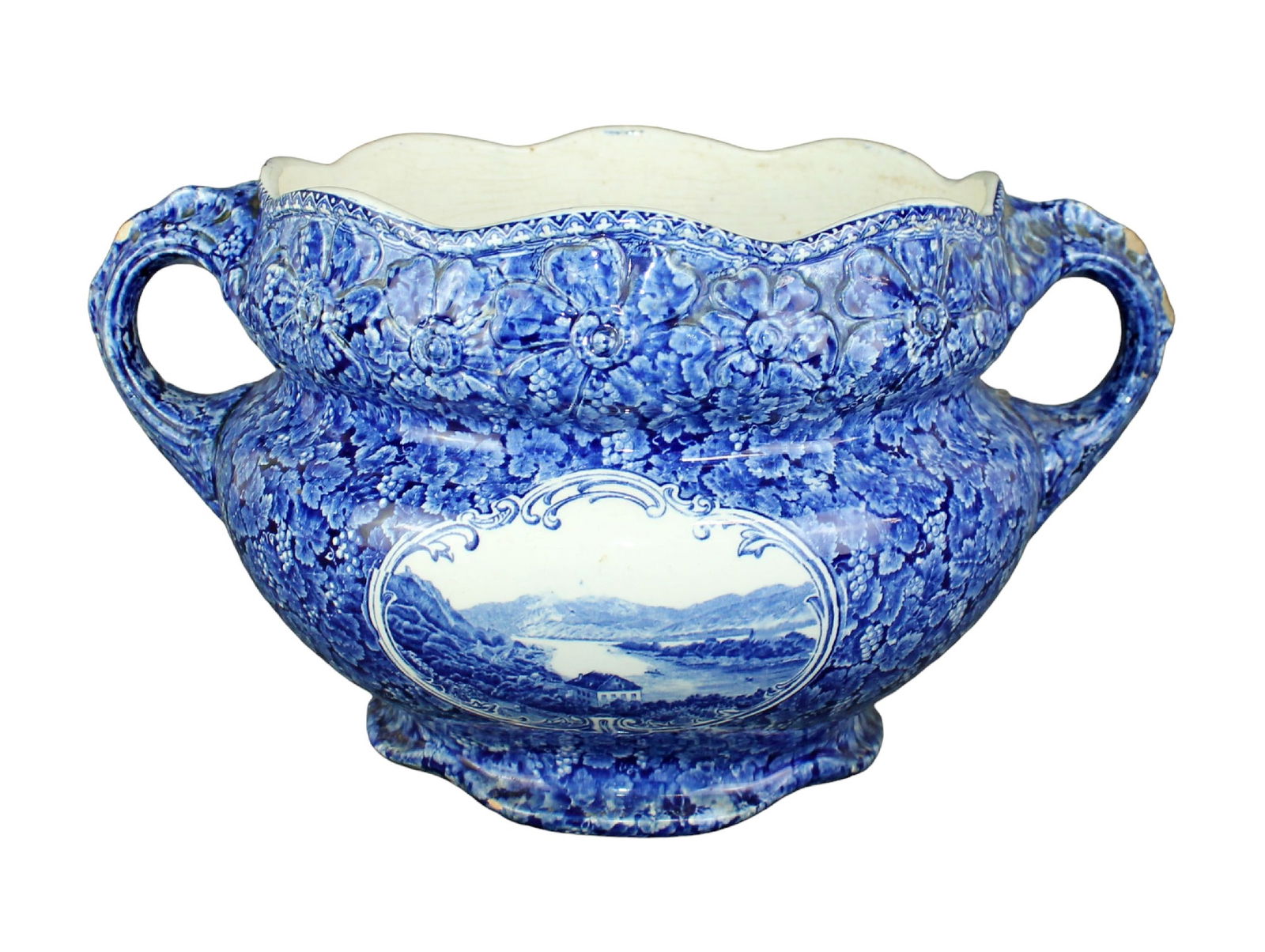 German blue & white porcelain cache pot with handles and raised floral decoration (1 of 13)