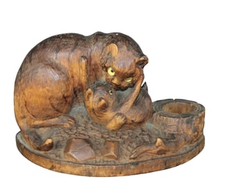 Diminutive Black Forest carved walnut animalier sculptural group of 2 cats