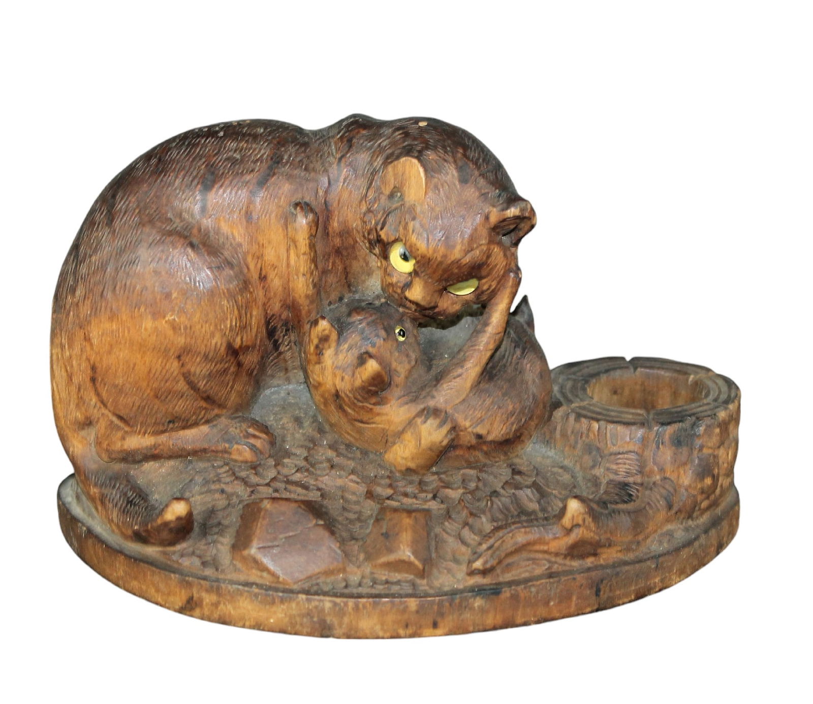 Diminutive Black Forest carved walnut animalier sculptural group of 2 cats (1 of 7)
