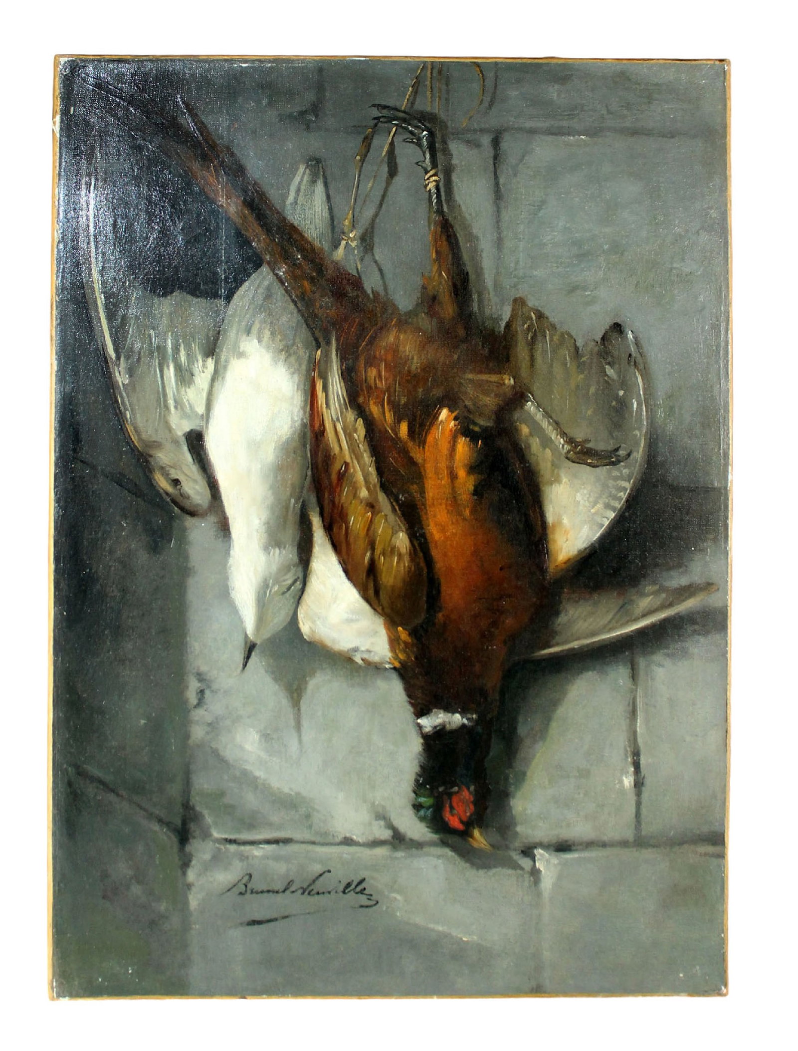Alfred Arther Brunel de Neuville (1852-1943) oil on canvas painting still life with birds: Alfred Arther Brunel de Neuville (1852-1943) oil on canvas painting still life with birds. Signed l/l. Stretcher canvas. No frame. 37 7/8"h x 23 3/4"w x 7 /8"d Weight: 5lbs