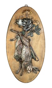 French trophy plaque with rabbit and dog in relief