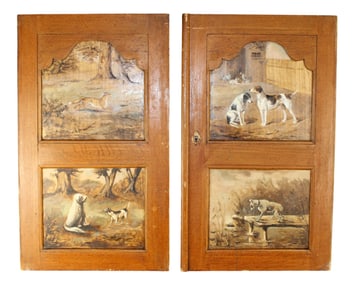 Lot of 2 French cabinet door panels with painted scenes of dogs