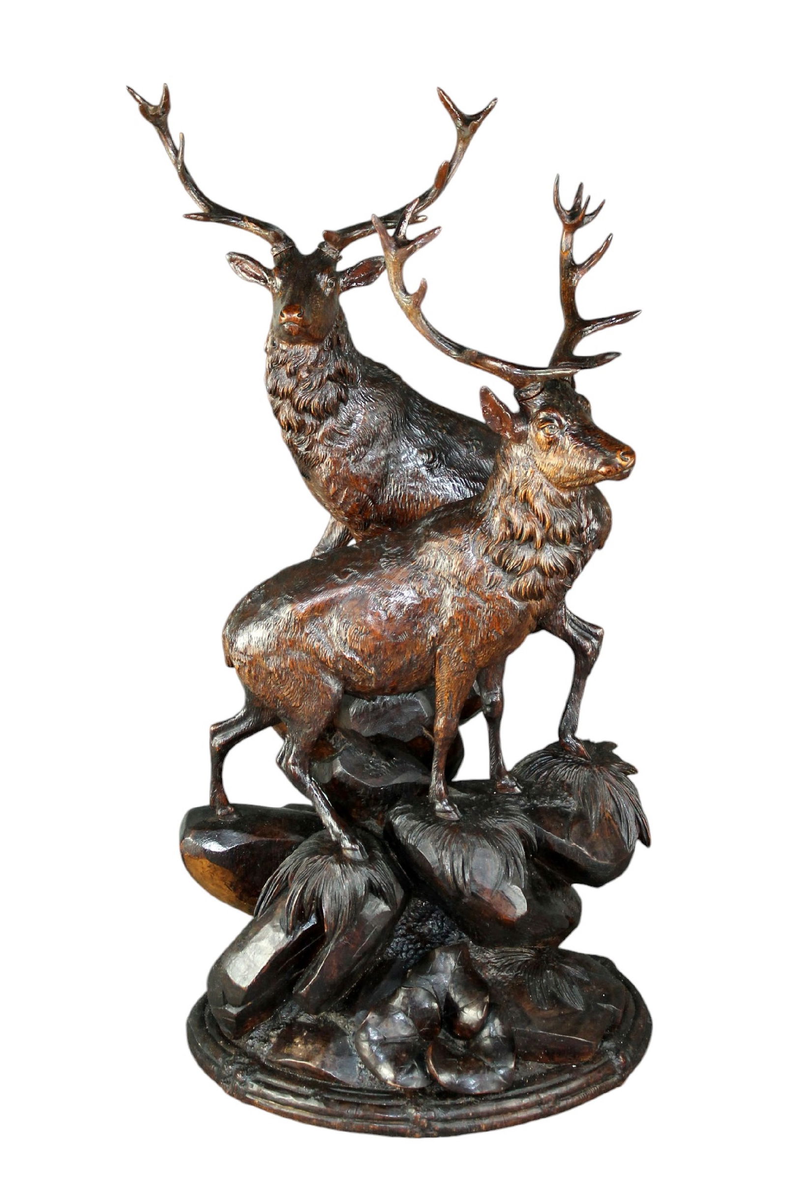 Swiss Black Forest carved walnut sculpture of 2 deer signed Interlaken (1 of 12)