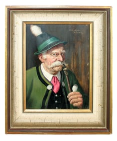 German oil on board painting portrait of man with pipe