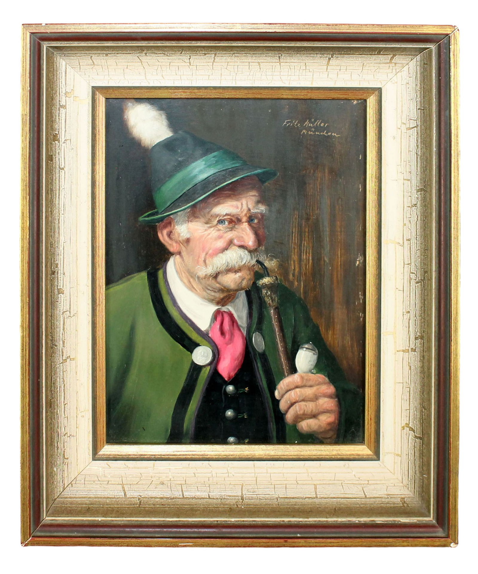 Signed Oil Painting Of Bavarian Man Smoking Pipe Signed Oil Painting Of Bavarian Man Smoking Pipe