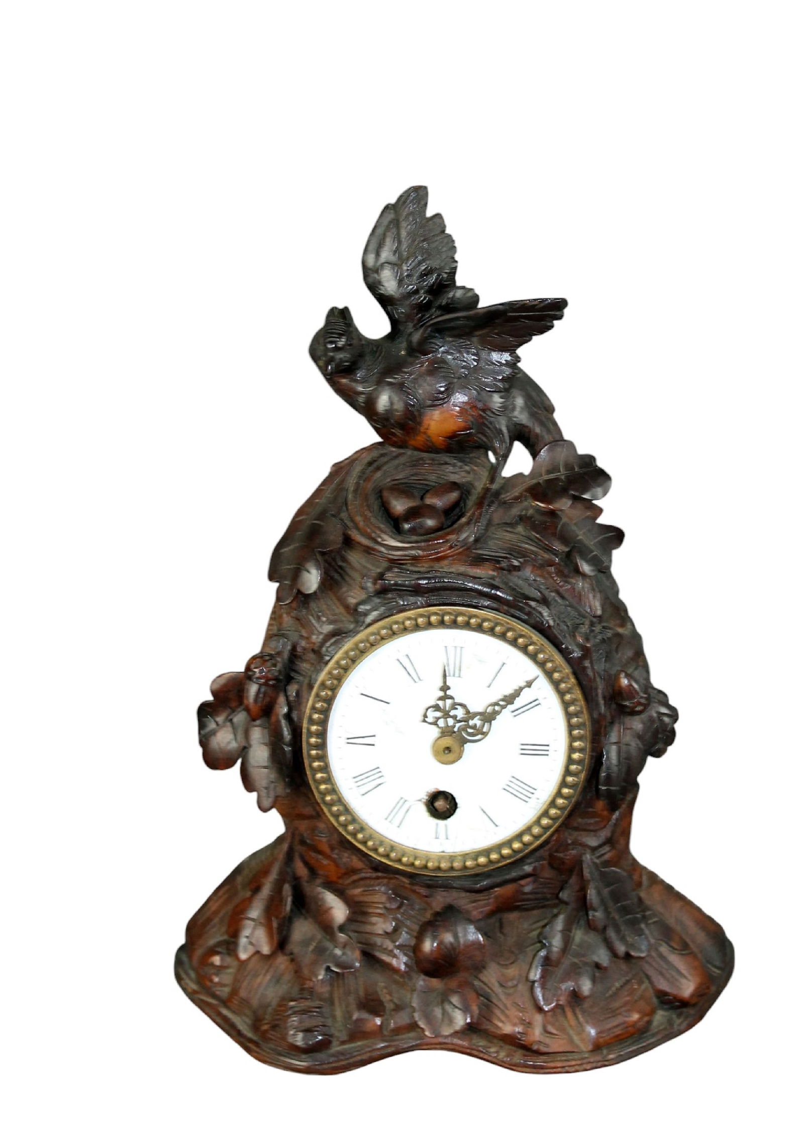 Black Forest carved walnut mantel clock with bird (1 of 9)