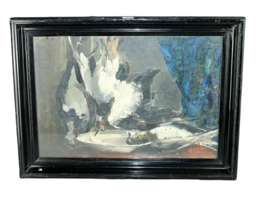 Marina d'Havelasse (XIX-XX) oil on board painting still life with birds