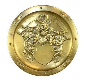 French embossed brass wall plaque with griffin and knight