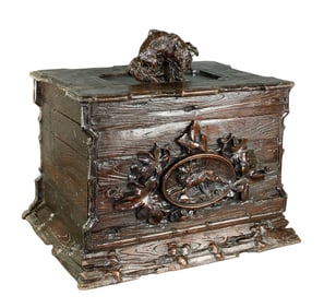 Black Forest cave a liqueur with carved fox and deer