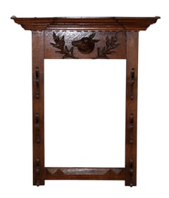 French wall mount gun rack in oak with carved dog head mount