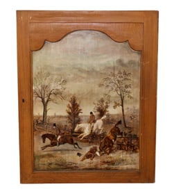 English hunt scene on board painting in oak door panel