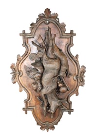Black Forest carved walnut trophy plaque with antelope
