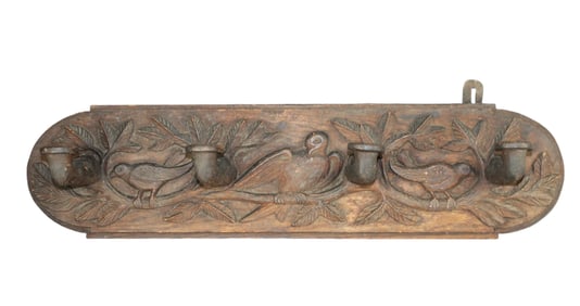 French carved oak wall mount coat rack with birds