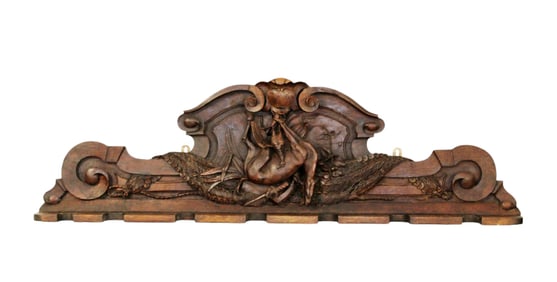 French carved walnut wall mount crest with game