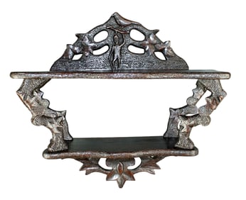 French Alsatian carved wall shelf with figural carving and bird