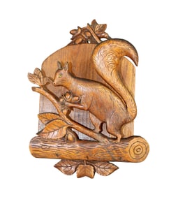 Black Forest carved oak wall mount letter holder with squirrel
