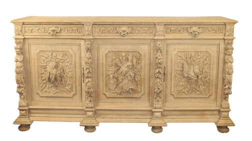 French Louis XIII bleached oak 3 door sideboard with relief carvings of game