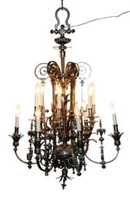 French  Aesthetic Movement nickel over bronze 12-arm chandelier