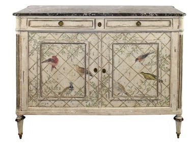 French Louis XVI style buffet bas hand painted with birds