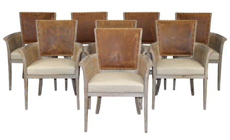 Set of 8 armchairs with leather backs & woven sides