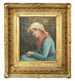 Oil on board painting portrait of a young woman