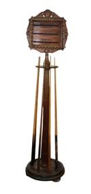 French billiard cue rack with scoreboard on top
