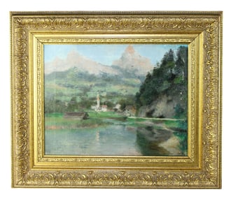 French oil on canvas landscape painting with river