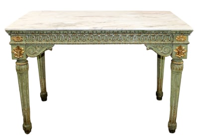 Italian neoclassical console table with painted and parcel gilt and a marble top