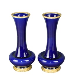Pair of French cobalt porcelain vases with bronze trim