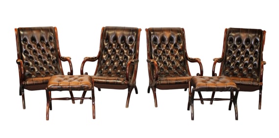 Lot of 4 Spanish tufted leather armchairs and 2 foot stools